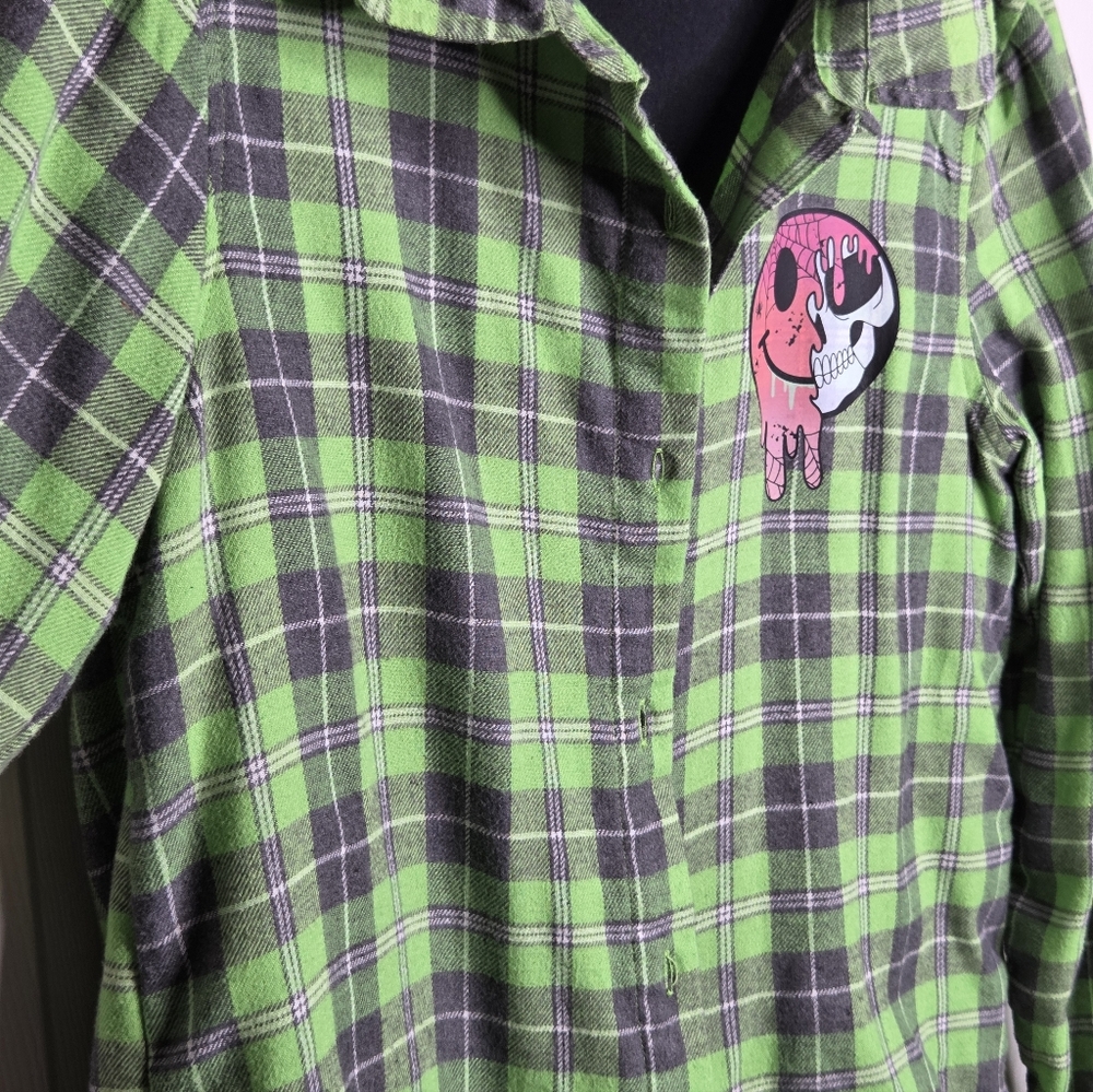 Custom Designed Size Small Flannel button up in a Neon Green W/ Halloween design